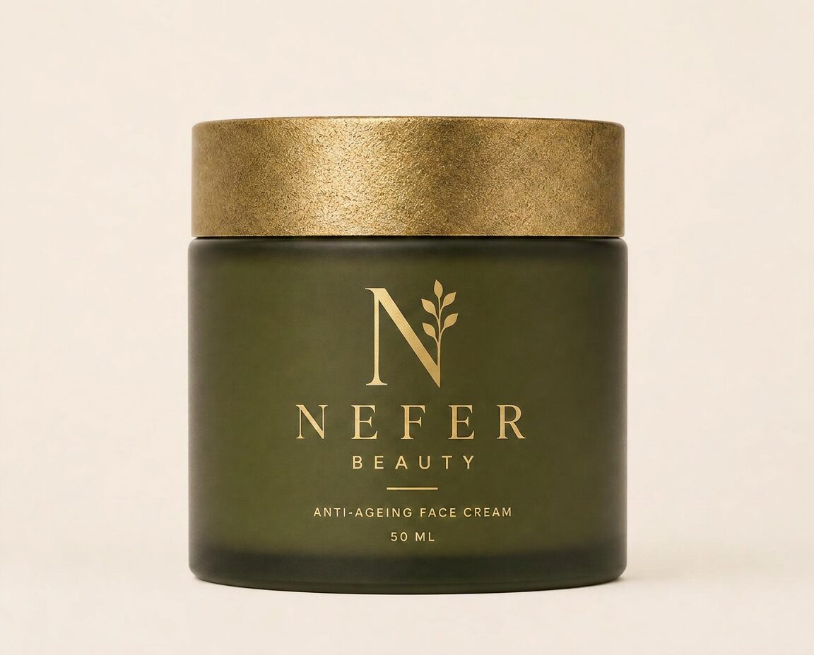 NEFER anti-ageing face cream jar resting on warm sandstone
