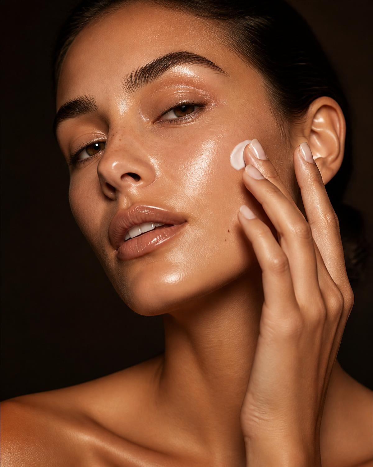 Model with luminous bare skin wearing NEFER face cream
