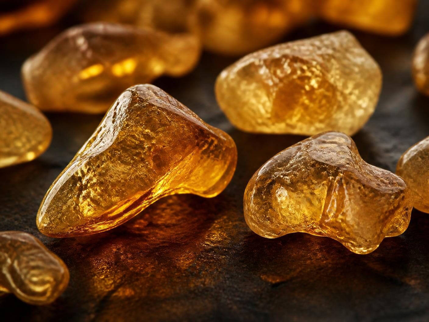 Golden Boswellia frereana resin tears on dark stone